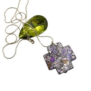 Purple Resin Composite Square Cross Pendant Long Silver Tone Chain